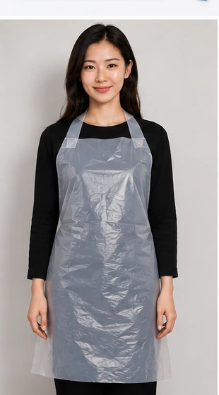 Gray protective PE apron on model, AI illustration